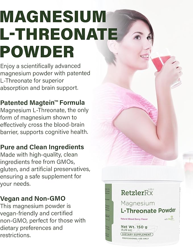 HormoneSynergy Magnesium L-Threonate Powder with Magtein - Brain-Supporting Magnesium Threonate Complex - Mixed Berry Gluten-Free Supplement for Cognitive Health - 60 Servings