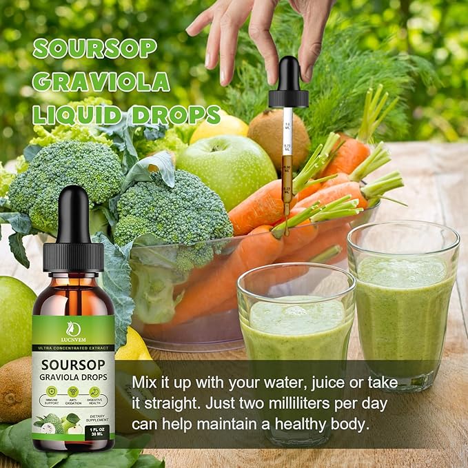 Organic Soursop Graviola Bitters Liquid Drops Soursop Extract Organic Pure Rich in Multivitamin for Natural Antioxidant Cell Support &amp Regeneration - 2 Fl Oz Apple Flavor - 30 Day Vegan Supply