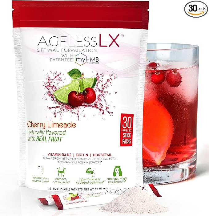 AgelessLX Powder Supplement for Women - with HMB Collagen Enhancer Plus Vitamin D3 with K2 Horsetail and Biotin for Lean Muscle and Stronger Hair and Nails - 30 Powder Packets Cherry Limeade