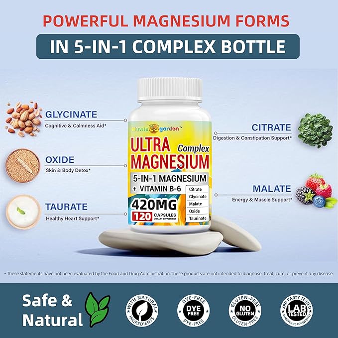 420mg Magnesium Complex + 30mg Vitamin B6 - High Absorbency &amp Gluten-Free Supports Bone Heart Joint Health &amp Sleep with Citrate Malate Glycinate Taurinate Oxide - 120 Caps