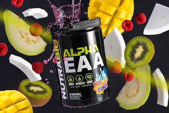 NutraBio Alpha EAA - All-Day Amino Acids for Muscle Growth and Hydration - Essential Amino Acids with Nootropics &amp Adaptogens- Full Spectrum EAA BCAA Powder - 30 Servings - New York Punch