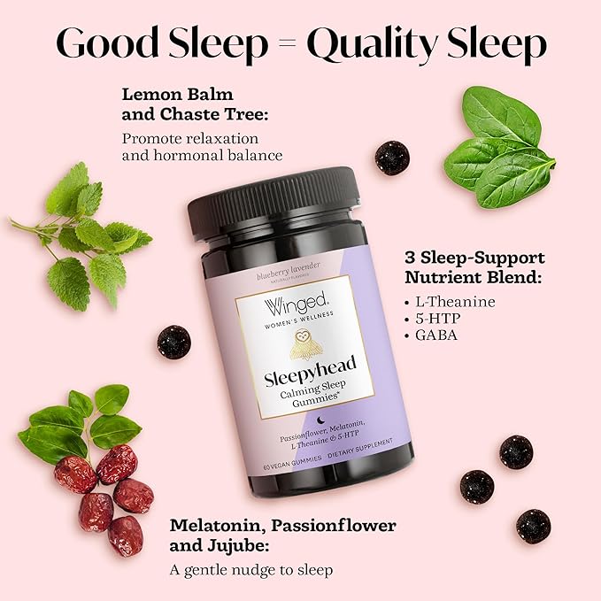 Winged Wellness Sleepyhead Natural Sleep Gummies for Women - Prime Sleep Support Aid for Adults with 3mg Melatonin L-Theanine 5-HTP - Blueberry Lavender Flavored - 30 Servings
