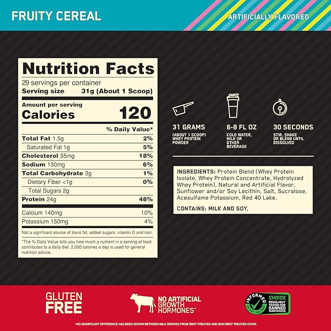 Optimum Nutrition New Flavor Gold Standard 100% Whey Protein Powder Fruity Cereal 1.98 Pound (Pack of 1) (Packaging May Vary)