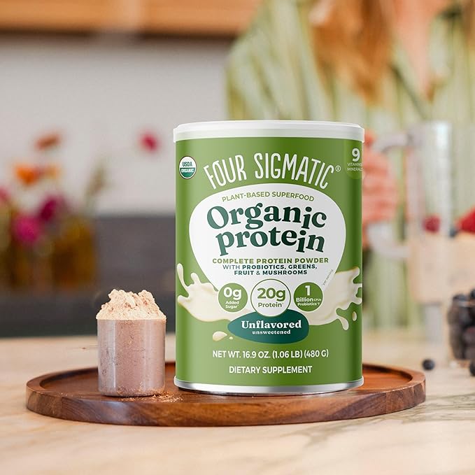 Four Sigmatic Organic Plant-Based Protein Powder | Clean Vegan Protein Elevated with Lion’s Mane Chaga Cordyceps and More for Brain Function and Immune Support | Unflavored 16.9 oz