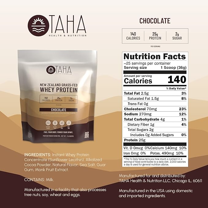 Taha Health &amp Nutrition Chocolate Flavored Whey Protein Concentrate Powder 25g Protein 140 Calories 2g Sugar | New Zealand Grass-Fed Free-Range Dairy | Gluten and Soy Free Keto Kosher | 2LB