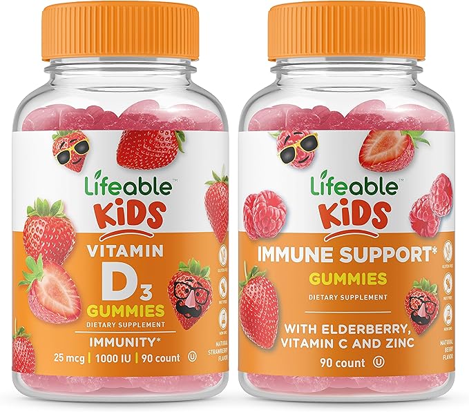 Lifeable Vitamin D Kids + Immune Support Kids Gummies Bundle - Great Tasting Vitamin Supplement Gluten Free GMO Free Chewable Gummy