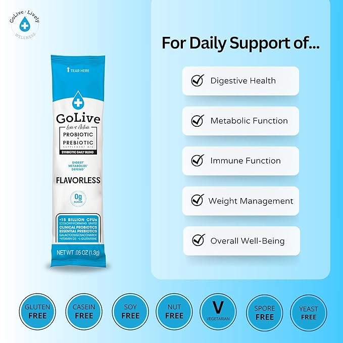 GoLive Prebiotic &amp Probiotic for Women Men Kids. Flavor-Free Sugar-Free Synbiotic Powder w/ GOS L-Glutamine Vitamin D3 Electrolytes. For Gut Health Digestion Metabolism Immunity 15-50B C