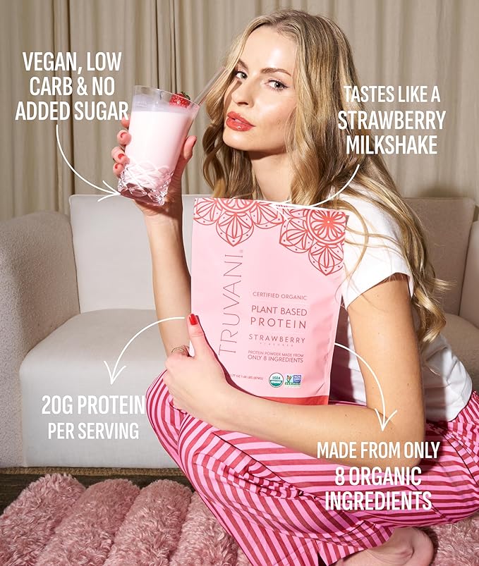 Truvani Vegan Pea Protein Powder | Strawberry | 20g Organic Plant Based Protein | 20 Servings | Keto | Gluten &amp Dairy Free | Low Carb | No Added Sugar