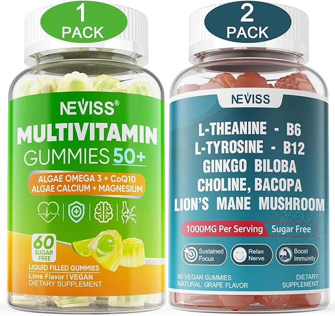 NEVISS Bundle - Women &amp Men's 50+ Multivitamin and L-Tyrosine L-Theanine B6 B12 Gummies 2 Pack