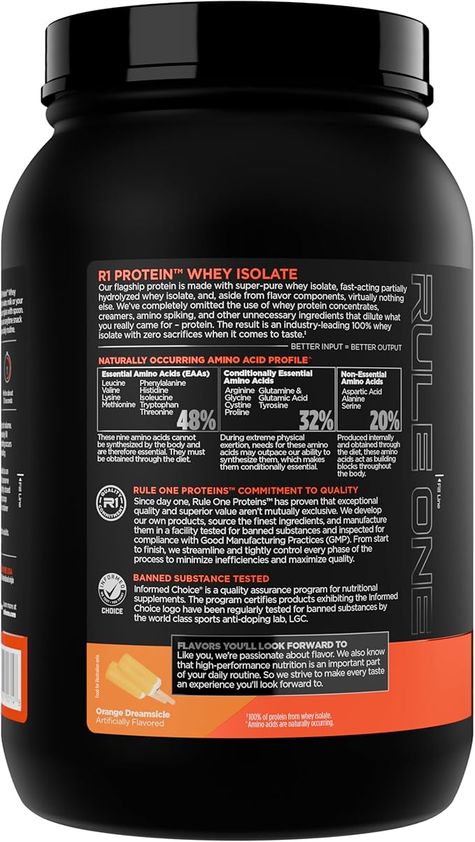 Rule 1 R1 Protein Whey Isolate - with 25g Protein &amp 6g BCAA Exclusively from Isolated &amp Hydrolyzed Sources for Workout Recovery (2 Pounds* Orange Dreamsicle)