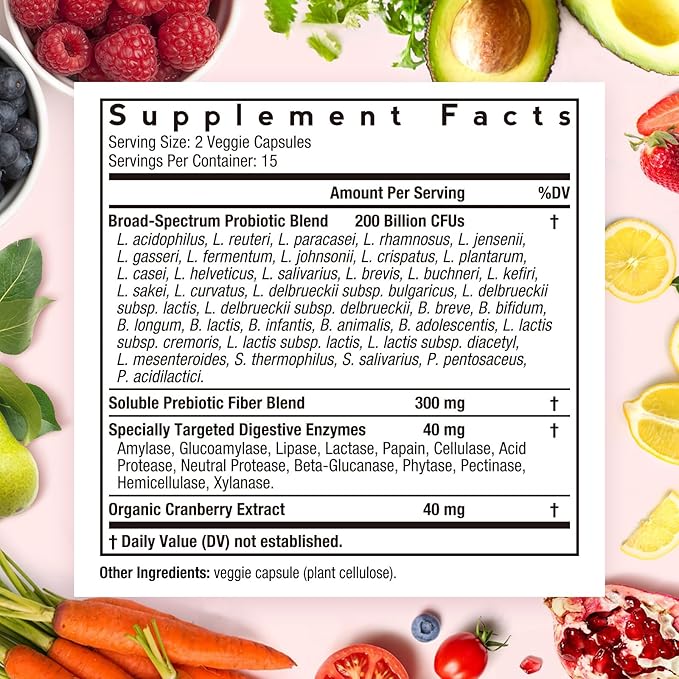 Doctor's Recipes Probiotics for Women 200B CFUs 36 Strains with Prebiotics Enzymes &amp Cranberry Vaginal Urinary Digestive &amp Immune Shelf Stable 30 Caps