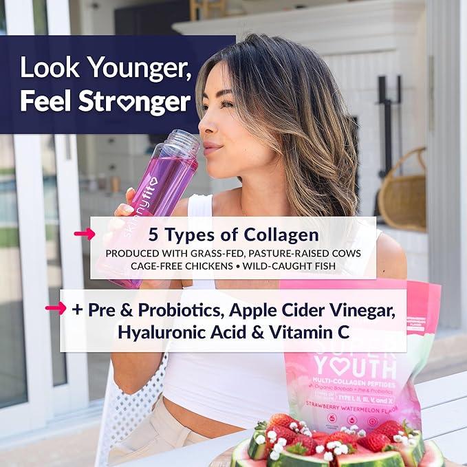 SkinnyFit - Super Youth Collagen for Women - Multi Collagen Peptides Powder - Probiotics Fiber Hyaluronic Acid - Non GMO Gluten Free Sugar Free - Beauty - Strawberry Watermelon (28 Servings)
