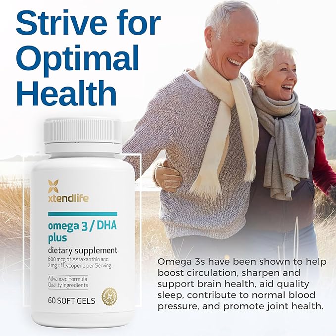 Xtendlife Omega 3 DHA Plus Fish Oil for Heart Brain Eye &amp Skin Health - 1100mg Omega-3 with DHA EPA Lycopene &amp Astaxanthin - 1 Month Supply (60 Count)