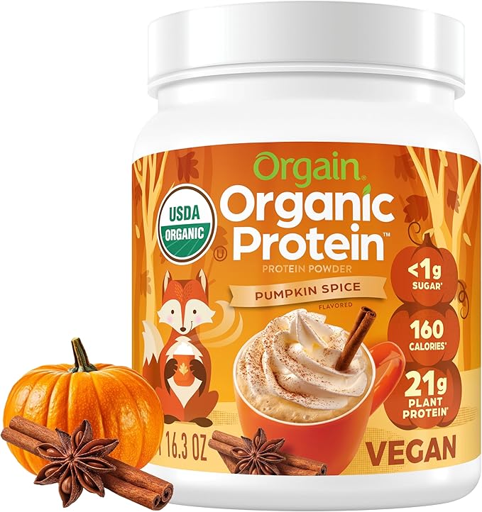 Orgain Organic Vegan Protein Powder Pumpkin Spice Seasonal Flavor - 21g of Plant Protein 5g Prebiotic Fiber No Lactose Ingredients No Added Sugar Non-GMO For Shakes &amp Smoothies 1.02 lb