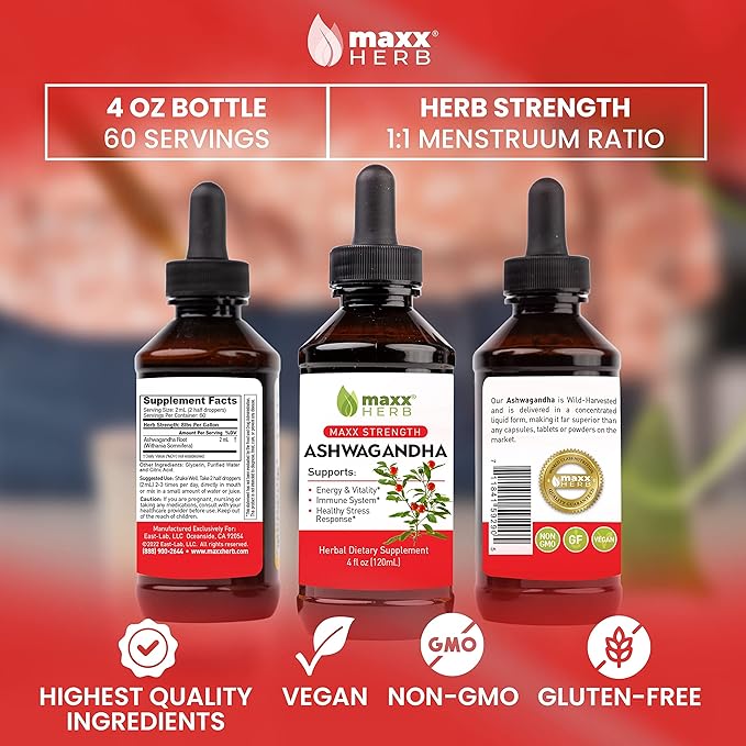 Maxx Herb Ashwagandha Extract – Max Strength Liquid Tincture Absorbs Better Than Capsules or Powder - for Stamina Memory and Immune Support – 4 Bottles 4 Oz Each (240 Servings)