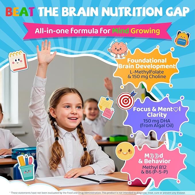 L Methylfolate for Kids Gummies Active 5-MTHF + Methyl B12 B6 Choline &amp Vegan DHA Methylated Vitamins for Kids MTHFR Supplement Support Mood Bēhavior Cognition Brain Focus Sugar Free 2
