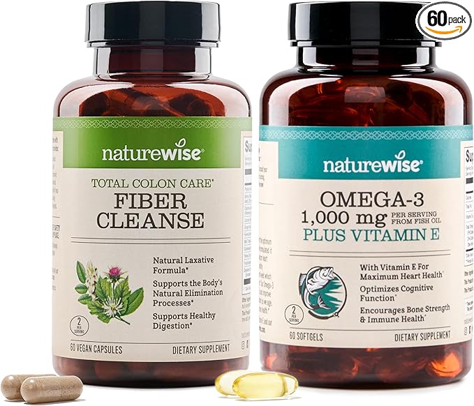 NatureWise Total Colon Care Fiber Cleanse and Omega 3 Fish Oil Capsules [60 Count Each]