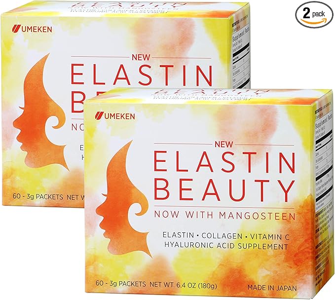 Umeken Elastin Beauty Powder Supplement with Collagen Peptides Hyaluronic Acid Vitamin C and Mangosteen Fruit Women’s Health and Wellness 2 Month Supply 120 Packets