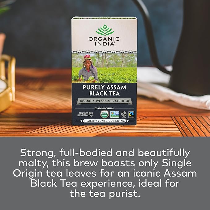 Organic India Purely Assam Black Tea - Caffeinated Herbal Tea Bags with Natural Assam Leaves Enjoy with Milk &amp Sweetener USDA Organic Non-GMO Fairtrade Certified - 18 Bags (Pack of 3)