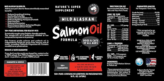 Wild Alaskan Omega-3 Blend Pollock + Salmon Oil for Dogs &amp Cats (16oz). 100% Pure Fish Oil Supplement with EPA &amp DHA for Joints Skin &amp Coat Itching Shedding Immune &amp Heart. Tasty &