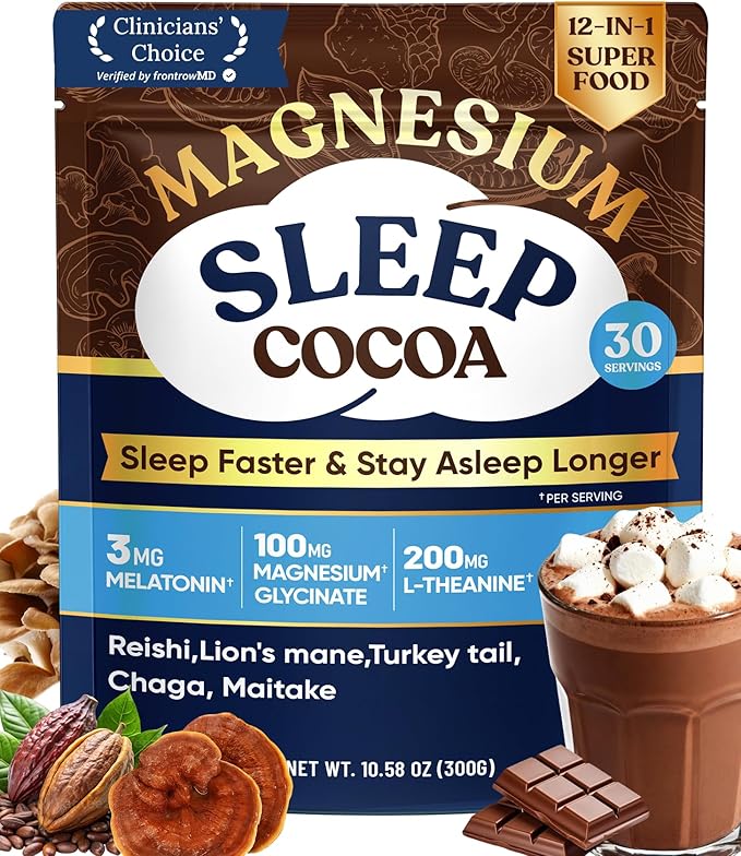 Mushroom Hot Cocoa Powder with Magnesium Glycinate Natural Sleep Aid with Reishi &amp L-Theanine for Adults 12 Superfoods Melatonin 3mg Unsweetened Hot Chocolate Drink Mix for Sleep 30 Servings