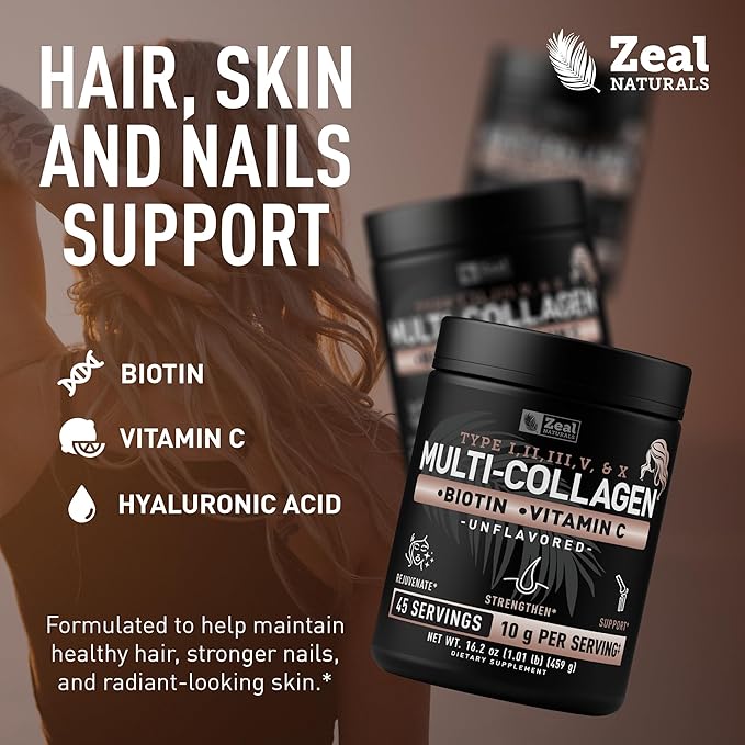 Zeal Naturals Multi Collagen Protein Peptides Powder Types I II III V X - Vitamin C Biotin &amp Hyaluronic Acid - Hair Skin &amp Nails - Marine Bovine Chicken &amp Eggshell - Unflavored 45 Ser