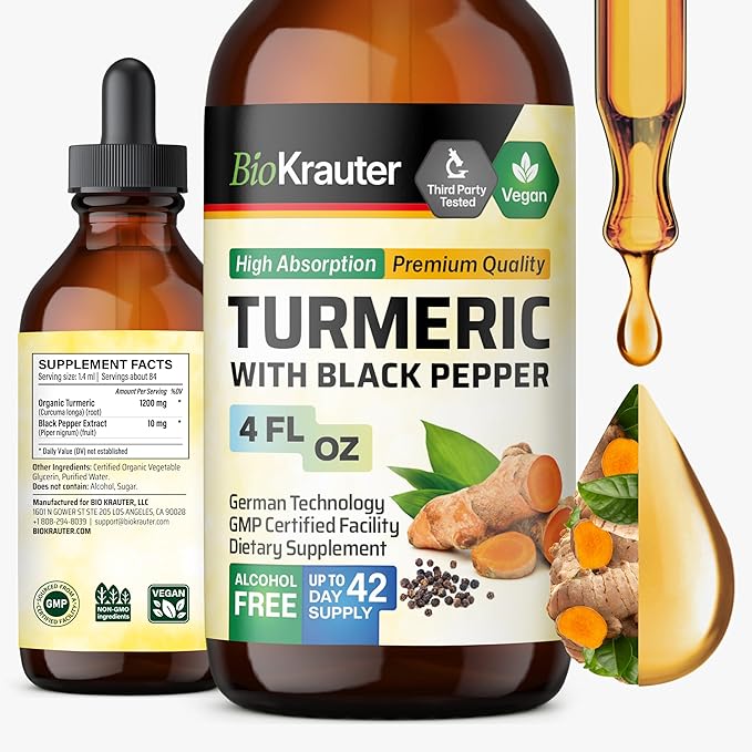 BIO KRAUTER® Turmeric Supplement for Joint Support - Pure Vegan Curcumin with Black Pepper 4 Fl.Oz 56 Days of Supply - Curcumin Drops 1200 mg for Antioxidant &amp Immune Support - Alcohol &amp Sugar