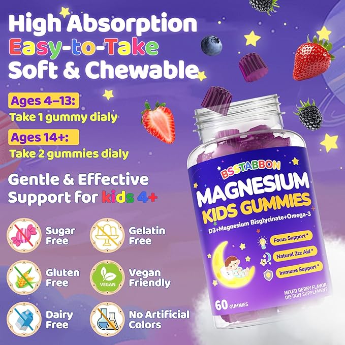 Kid’s 4+ Magnesium Glycinate Gummies: Extra Strength Melatonin Free Magnesium Bisglycinate 100mg 200mg Supplement with L-Theanine B6 D3 Omega3 for Overall Health - Zzz Aid for Kids(120Count)