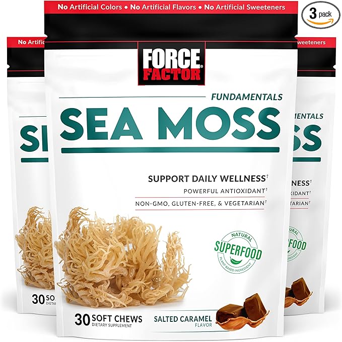 Force Factor Sea Moss Soft Chews Support Immunity Digestion and Heart Health Irish Sea Moss Superfood &amp Antioxidants Supplement Non-GMO Gluten-Free Salted Caramel Flavor 90 Soft Chews 3-P