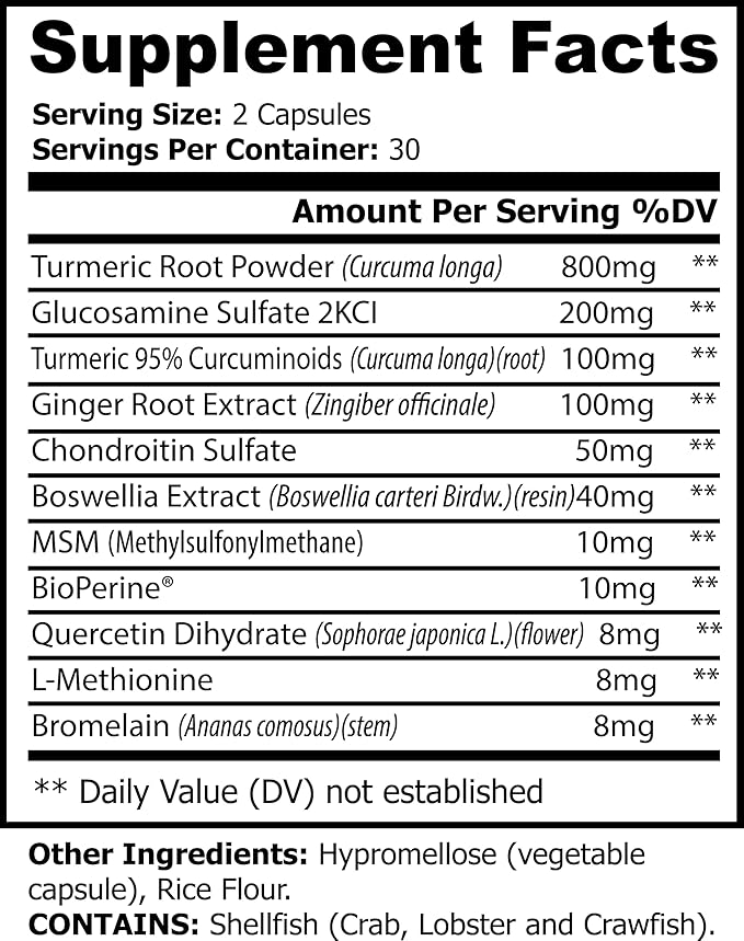Turmeric 95% Curcumin w/Bioperine - 60 Capsules - Gluten Free - Contains Glucosamine Ginger Boswellia MSM