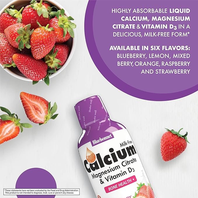 Bluebonnet Nutrition Liquid Calcium Magnesium Citrate &amp Vitamin D3 Daily Bone Support Supplement - Strawberry &amp Mixed Berry Bundle