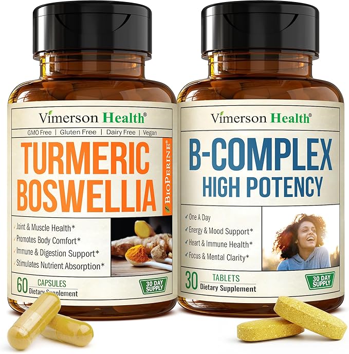 Boswellia Turmeric Curcumin Supplement + Vitamin B Complex with Vitamin B12 Niacin Vitamin B2 Vitamin B6 Bundle – Supports Joint Health &amp Aids Mood Energy – with Ginger Root Organic Turmeric