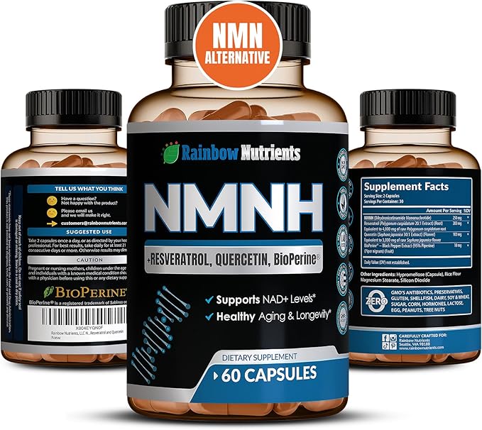 NMNH Supplement (NMN Alternative) NAD Booster for Anti-Aging Cellular Energy &amp Nice Skin- Dihydronicotinamide mononucleotide Resveratrol Quercetin &amp BioPerine® for Max Absorption- 60 caps