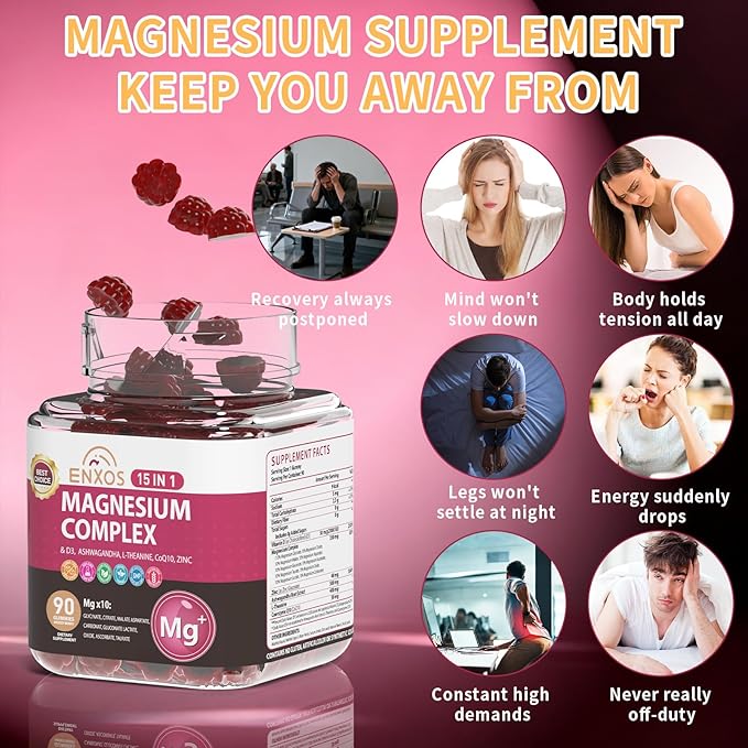 15-in-1 Magnesium Complex Gummies 350 mg/Serv with Ashwagandha RootVitamin D3L-TheanineZinc GluconateCoQ10 Stress Relief Glycinate Gummy Sugar Free Chews Supplement for Adults Sleep (Raspberry)