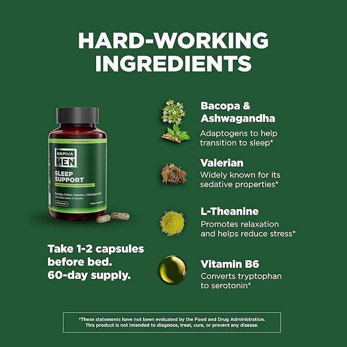 KAPIVA MEN Sleep Support Supplement with Bacopa Valerian Ashwagandha and Other Herbs and Vitamins Supports Healthy Sleep Patterns 60 Day Supply 120 Capsules