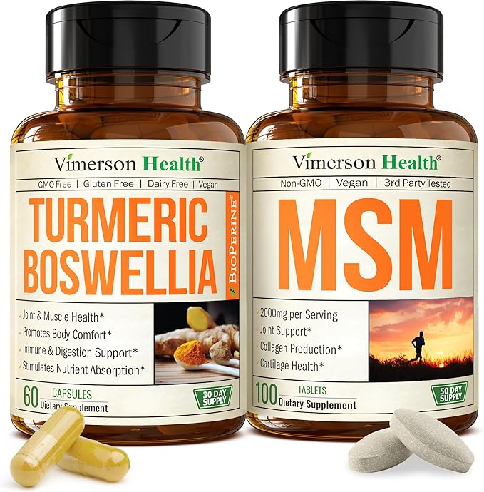 Boswellia Turmeric Curcumin Supplement + MSM 2000mg Bundle – Supports Joint Health &amp Aids Inflammatory Response – with Ginger Root Organic Turmeric Powder &amp Curcumin with Black Pepper (BioPer