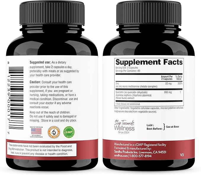 Sandhu's Zinc Quercetin &amp Resveratrol Capsules | Support Immune Health
