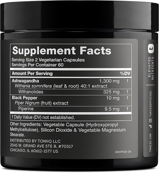 Toniiq Ashwagandha – 40:1 Concentrated Extract – 25% Withanolides – Wild Harvested in India – Highly Bioavailable with Black Pepper – Third-Party Tested – 120 Capsules - 1300mg per Serving