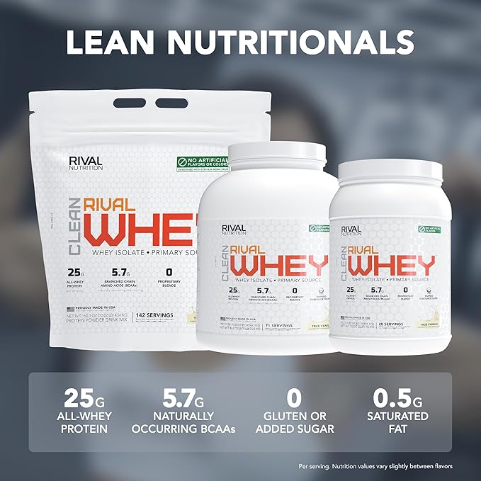 RIVAL NUTRITION Clean Rival Whey – 5LB Unflavored – 100% Whey Protein Powder Whey Isolate Primary Source | 25g Protein Muscle Gain/Recovery | All Natural No Artificial Ingredients - 72 Servings