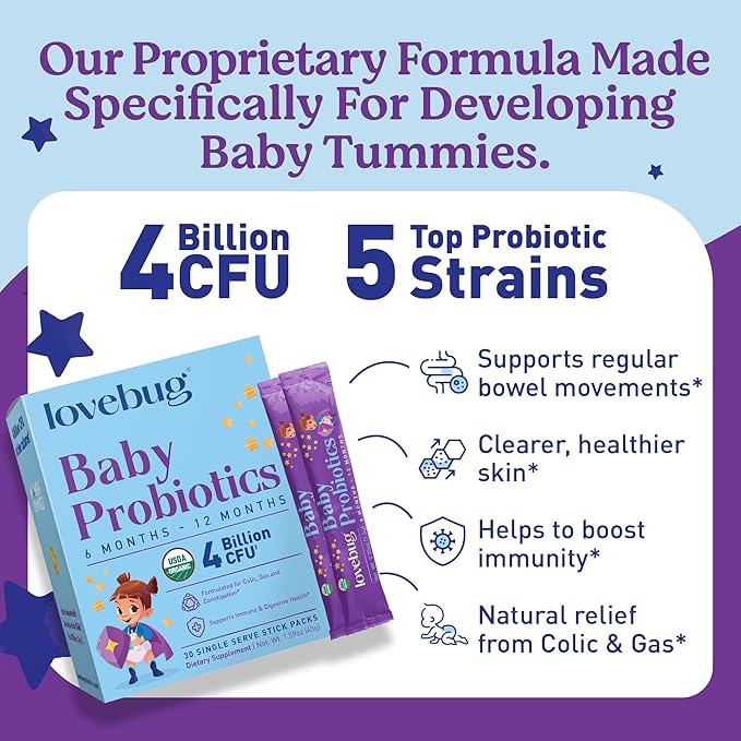LOVEBUG Probiotics for Babies - Organic Baby Probiotics 6-12 Months for Baby Immune Support Gas Colic Diarrhea &amp Infant Constipation Relief Sugar-Free Tasteless Powder 60 Pack