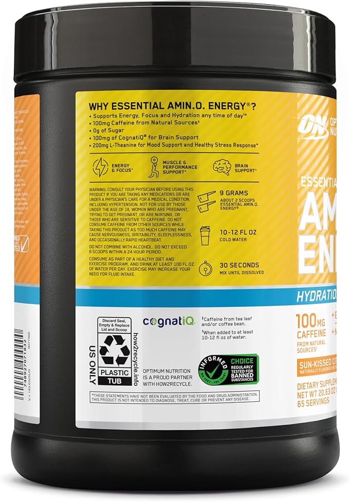 Optimum Nutrition Amino Energy Powder Plus Focus with BCAA Electrolytes and Caffeine Sunkissed Citrus 65 Servings (Packaging May Vary)
