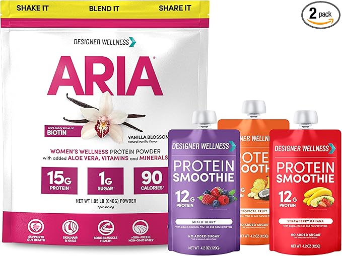 Designer Wellness Aria Women's Wellness Protein Powder Bundled with Protein Smoothies 12 Count Variety Pack