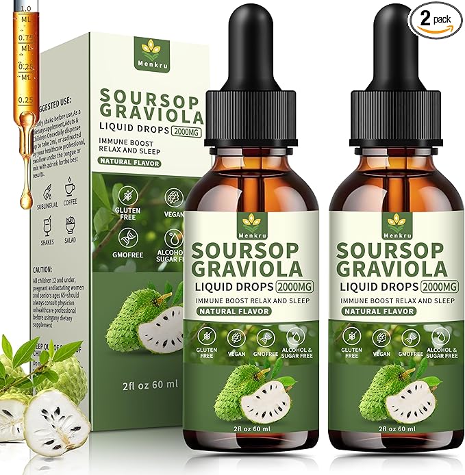 (2 Pack) Soursop Graviola Liquid Drops 2000mgImmune BoostCell Support &amp RegenerationNatural AntioxidantSoursop Bitters LiquidSoursop Extract - 98% Sugar/Gluten Free Natural Flavor 4 Fl Oz