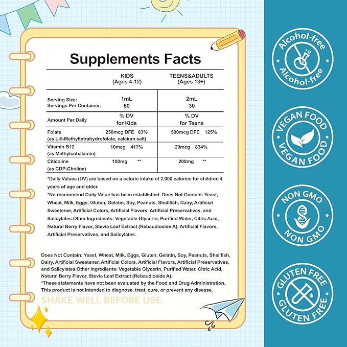 Liposomal L-Methylfolate 5-MTHF Liquid for Kids &amp Teens – High Absorption Methylated Folate with Citicoline &amp Methyl B12 – Supports Focus Clarity &amp Cognitive Development – Sugar-Free Berr