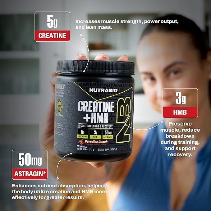 NutraBio Creatine + HMB- Creatine Monohydrate with HMB Powder for Muscle Growth Increased Strength- 30 Servings (Paradise Punch)