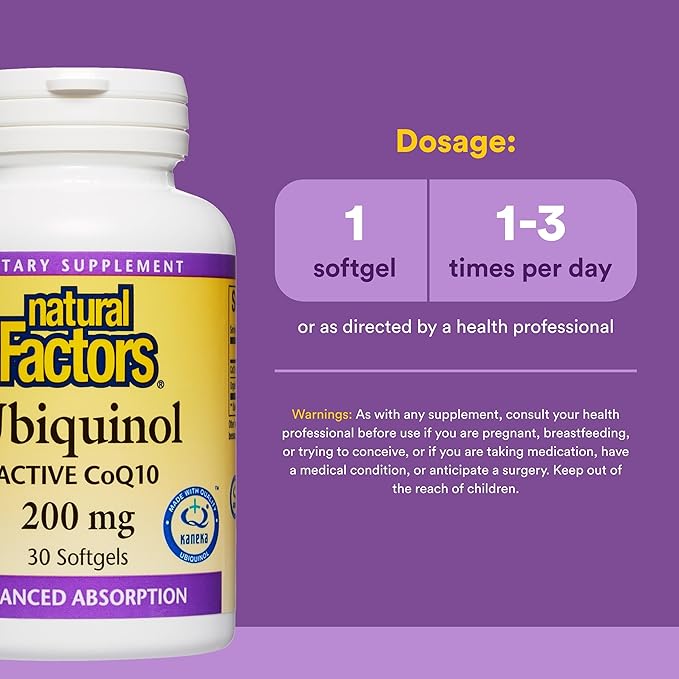 Natural Factors Ubiquinol 200 mg - Supports Heart Health &amp Natural Vitality - Antioxidant Support Supplement with Superior Absorption - Energy Support with Flaxseed Oil - 30 Softgels (30 Servings)