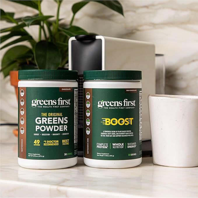 Greens First Boost - Plant-Based Protein &amp Balanced Nutrition - Superfood Shake Mix - No Wheat or Soy - Dairy-Free - Vegan - French Vanilla 12.06 oz. (Pack of 2)