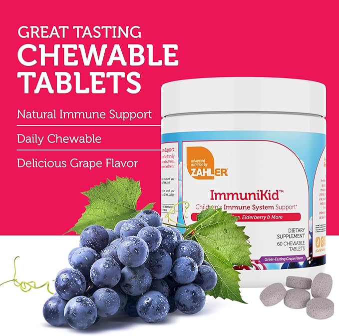 Zahler Kids Immune Support Supplement with Elderberry Zinc and Vitamin C D3 A - Grape Flavored Chewable Tablets - Kosher Children's Immune Support for Kids Ages 4 and Up 60 Count