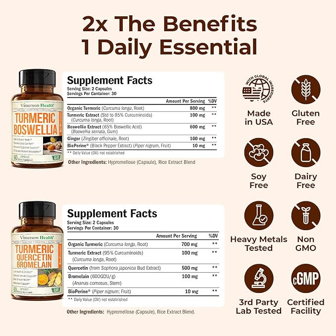 Boswellia Turmeric Curcumin Supplement + Quercetin with Bromelain Bundle – Allergy Relief Joint Health &amp Immune Support – with Ginger Root Organic Turmeric Powder Black Pepper (Bioperine)