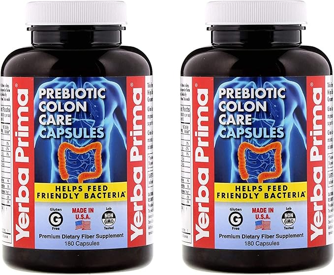 Yerba Prima Prebiotic Colon Care Capsules - 180 Count (Pack of 2) Gluten Free Proudly Made in The USA Non-GMO Soluble &amp Insoluble Fiber Supports A Healthy Functioning Colon